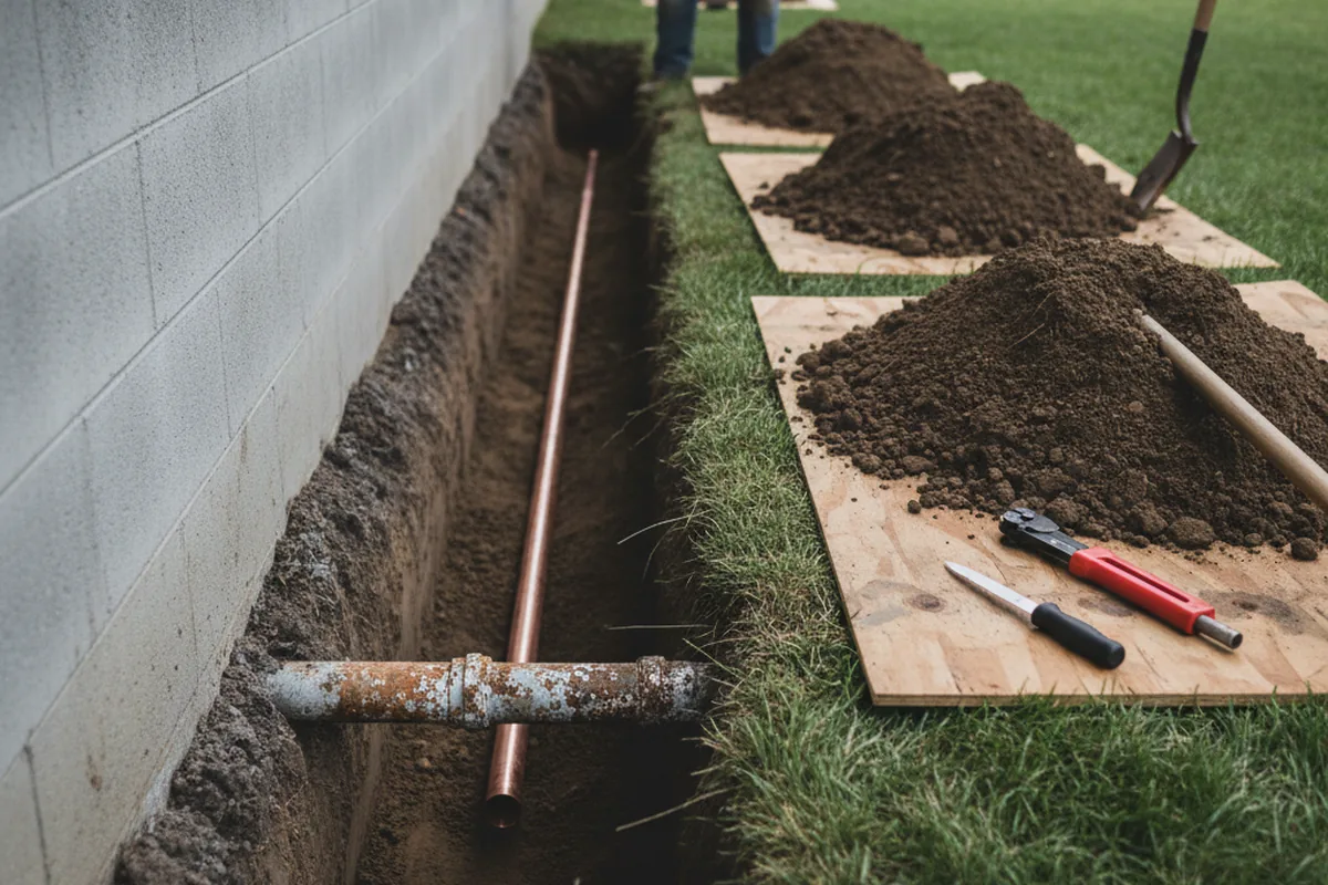 Excavated water line trench during Water Softener Installation in Christine